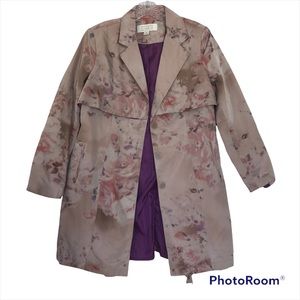 AMERICAN GLAMOUR BADGLEY MISCHKA Floral Tan Purple Pink Belted Trench Coat
